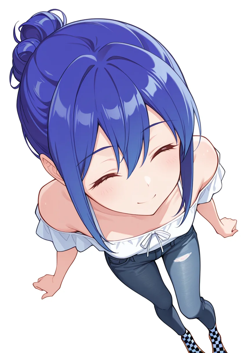 masterpiece,high quality details,absurdres,
<lora:Mamiya_Kanoko:0.8>
kanoko_cnr, 1girl, blue hair,hair between eyes, sidelocks, single hair bun,, simple background, white background, from above,solo,, ^ ^,, off-shoulder shirt,peplum top ,skinny jeans, ,checkered legwear,