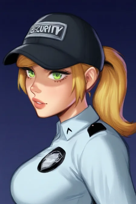 feminine, masterpiece, best quality, newest, absurdres, highres, vanessa, ponytail, black cap, security cap, white shirt, 
BREAK
dark background, dynamic background,   <lora:Vanessa_IL:1>
