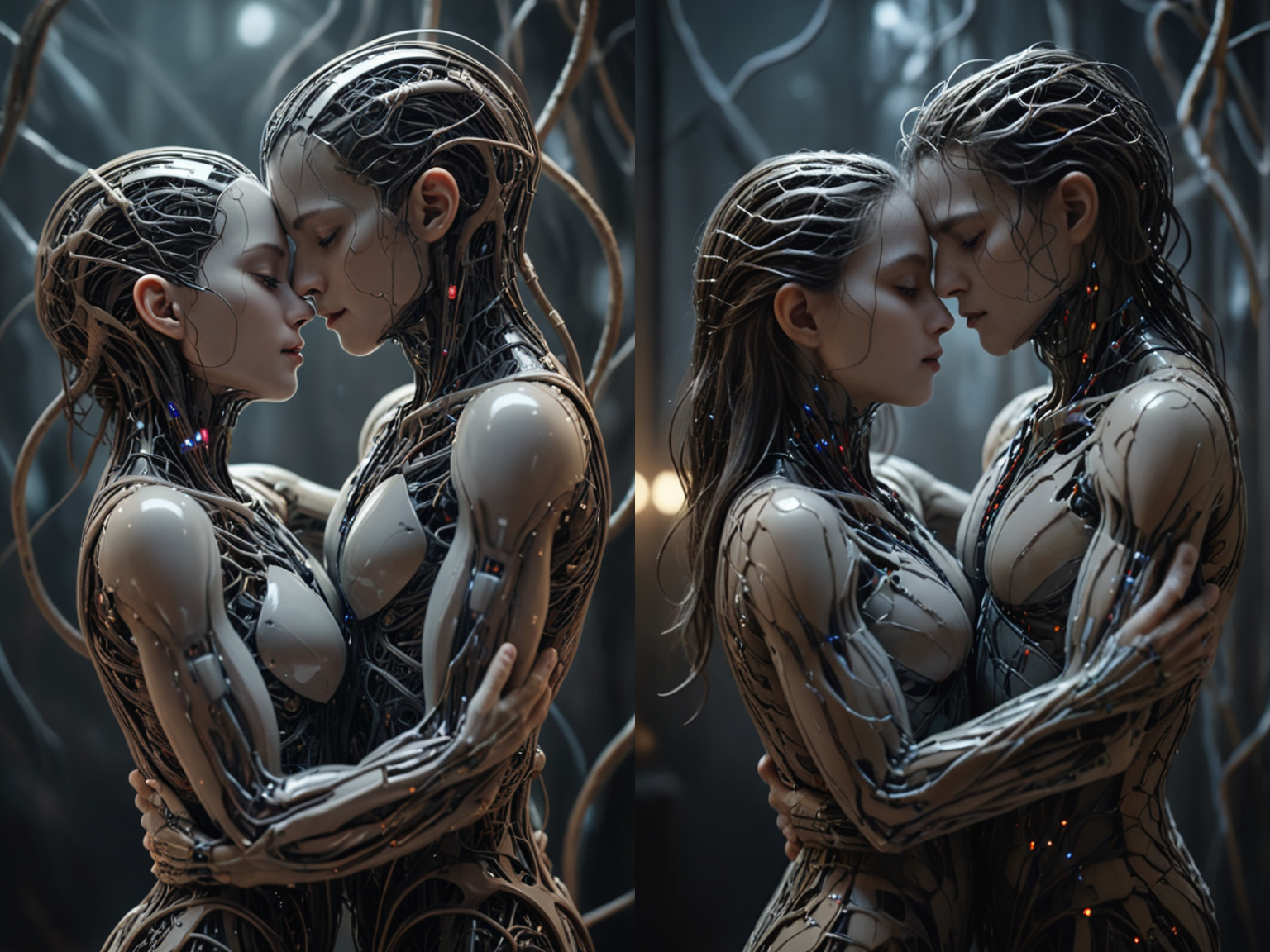 a <lora:RMSDXL_Photo:3> mdjrny-v4 style two lovers as neural networks embracing, beautiful, intricate details, cinematic lighting, beautiful concept art, surreal, art station