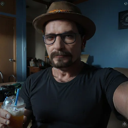 cinematic film still, establishing shot, full body, high selfie angle,
selfie, user interface, fake screenshot, viewfinder, phone screen, taking picture,
saturated colors,
negative space,
1 adult man,
GordonFreeman1024, glasses, goatee, smile, closed mouth,
(breaking bad style), face of Walter White, hat, mustache sunshades,
(solo male focus),
leading lines, ray tracing, framing device,
backdrop is futuristic l4b0r4t0ry, subtle and multiple artificial light.