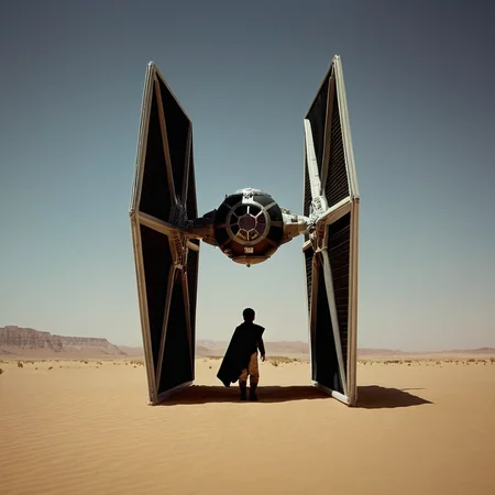 cinematic film still of <lora:star wars style v2:0.2>
<lora:detailed:0.4> detailed
<lora:perfection style:0.4> perfect
<lora:Chiaroscuro Lighting Style:0.2>
<lora:TIE fighter:0.9>
TIE fighter a large black star wars tie fighter is on ground in the desert,1boy,sky,day,cloud,moon,cloak,science fiction,planet,spacecraft,desert , star wars style, shallow depth of field, vignette, highly detailed, high budget, bokeh, cinemascope, moody, epic, gorgeous, film grain, grainy