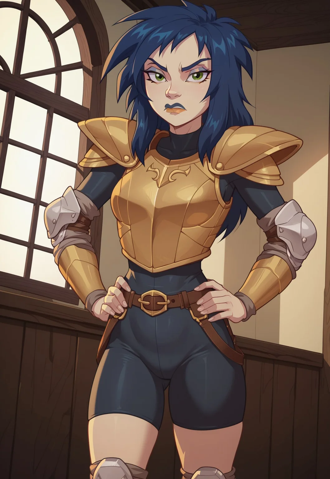 <lora:KylieGPony1.0:0.9> kylie, 1girl, solo, blue hair, makeup, green eyes, long hair,  lipstick, style parody, show accurate hair, score_9, score_8_up, score_7_up, score_6_up, score_5_up, score_4_up, looking at viewer, masterpiece, good quality, best quality, original style, highly detailed, screencap, indoors, hands on hips, pouting, scowl, medium breasts, shoulder armor, knee pads, armor, bodysuit, window lighting, dramatic lighting, well lit, high res image, night, Dutch angle