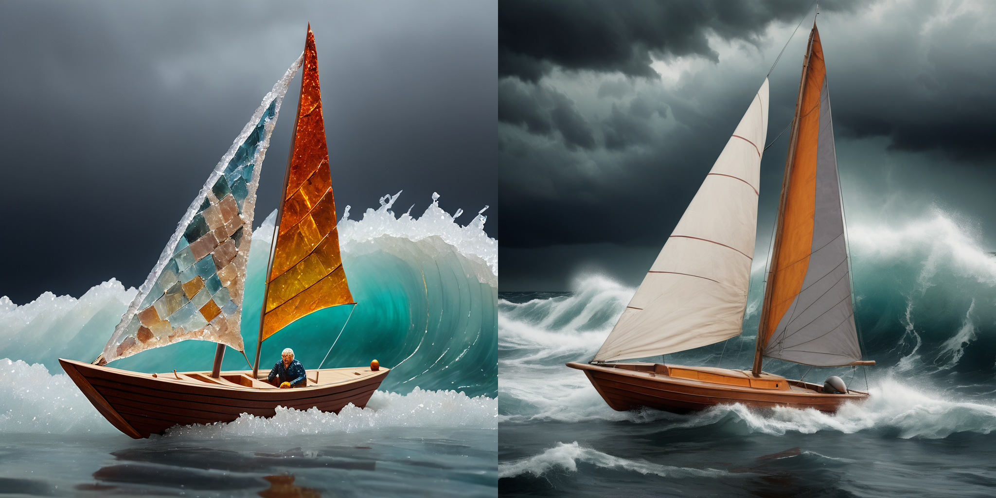 kcrstal17xl analog realistic Cubism colour photo of a sailing dinghy in a stormy ocean, very detailed, award-winning