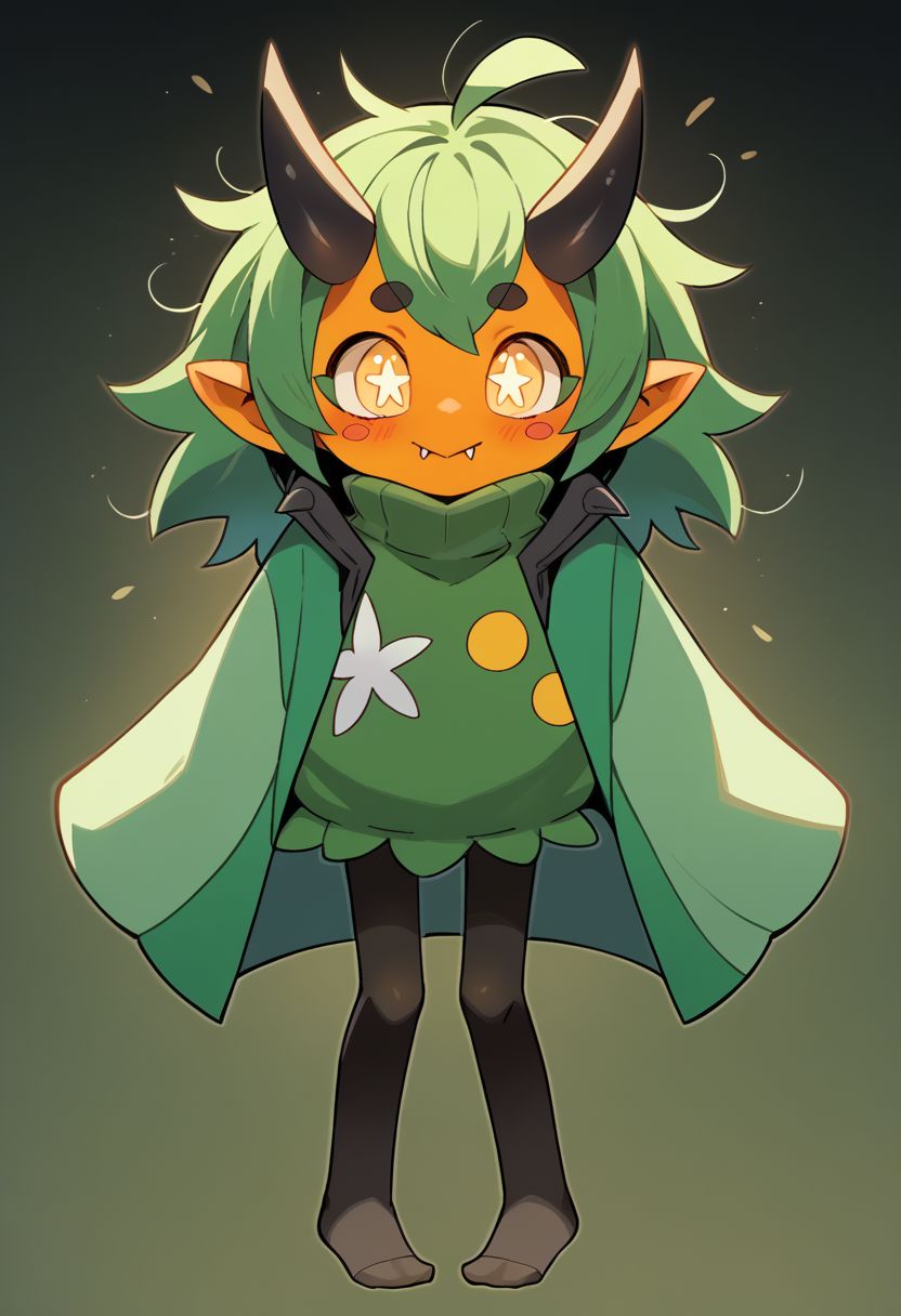 score_9, score_8_up, score_7_up, score_6_up, score_5_up, score_4_up, BREAK, source_cartoon, source_anime,
1girl, solo, (teal, green poncho, green dress, black pantyhose, ribbed tights, no shoes)
((sweater-dress)), (((pantyhose))), ((no-shoes)), ((messy-hair)), <lora:OgerXL-15:0.75> ogerpon, fangs, personification, green hair, messy hair, short hair, ahoge, black horns, blush stickers, yellow eyes, colored skin, orange skin, pointed ears, oni, little girl, flat chest