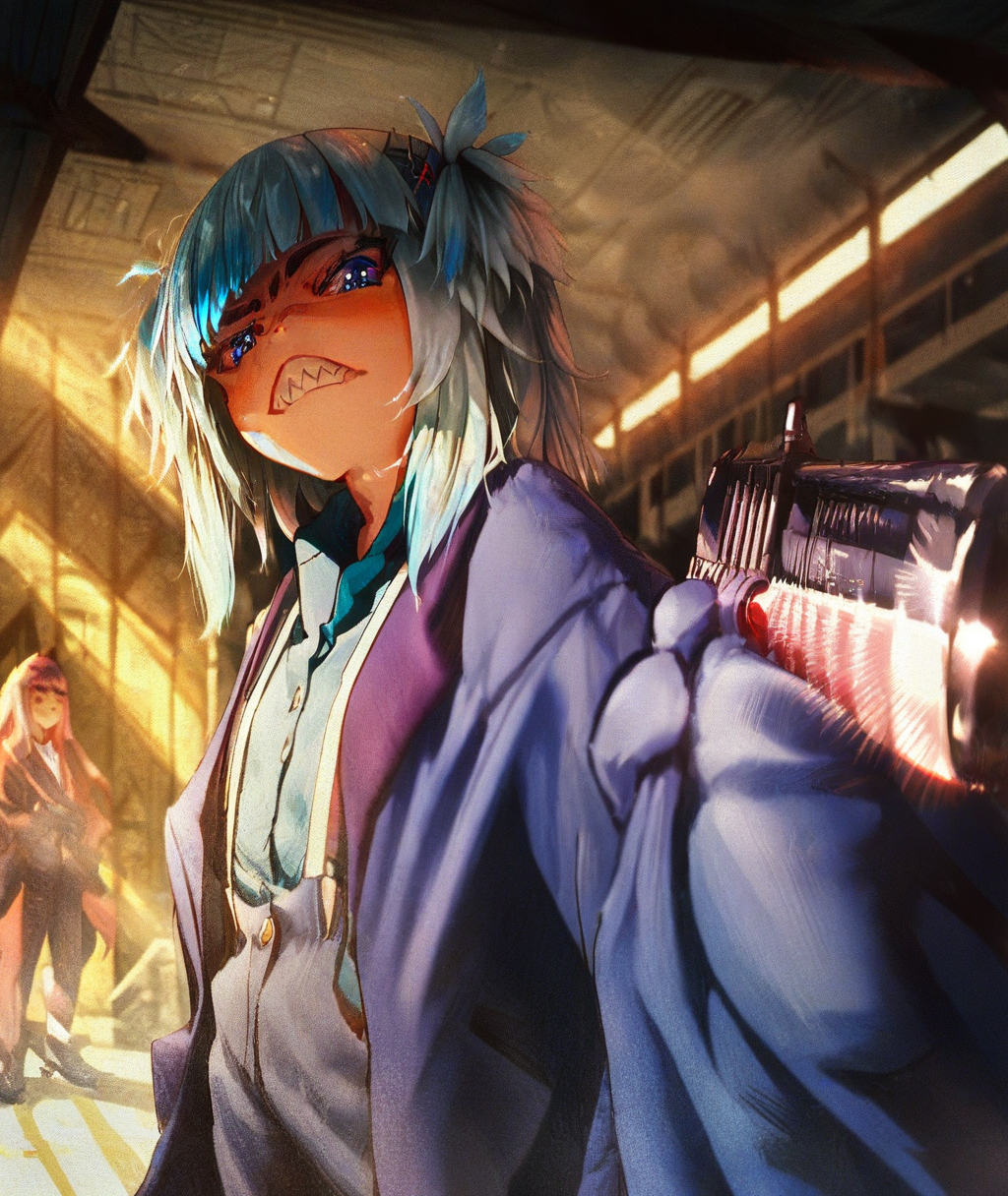 score_8_up. score_7_up,<lora:kokono:1>,
 score_9, kokono, virtual youtuber, gawr gura, sharp teeth, multiple girls, mori calliope, 2girls, multicolored hair, blue eyes, blue hair, pink hair, streaked hair, long hair, clenched teeth, alternate costume, looking at viewer, indoors, suspenders, blunt bangs, hair ornament, two side up, grey hair, shirt, holding, pants, suit, ceiling, formal, weapon, necktie