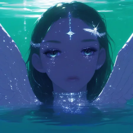 aaAR7gl,1girl,solo,wings,swim,parrtially submerrged,green theme, detailed eyes, water, sparkle, upper body, jewelry,