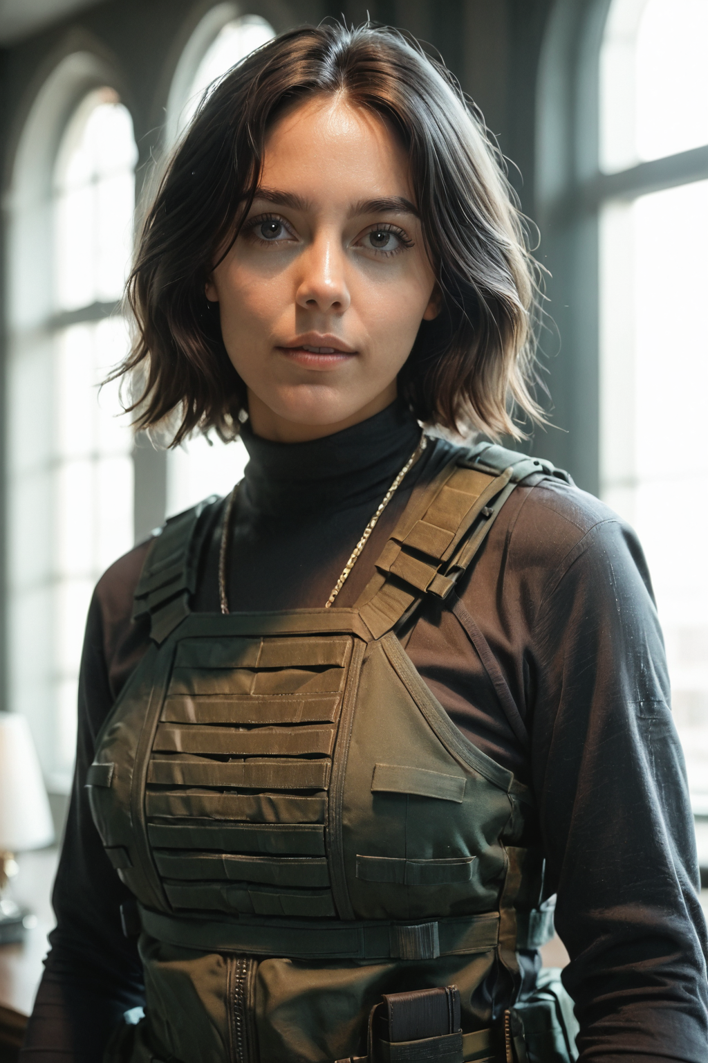 core_9, score_8_up, score_7_up, score_6_up, masterpiece, ultra quality, crystal clear, 8K UHD, photorealism, female, wearing a bulletproof vest, Modern bob hairstyle, <lora:Sin_Nombre_P:1>, Sin_Nombre