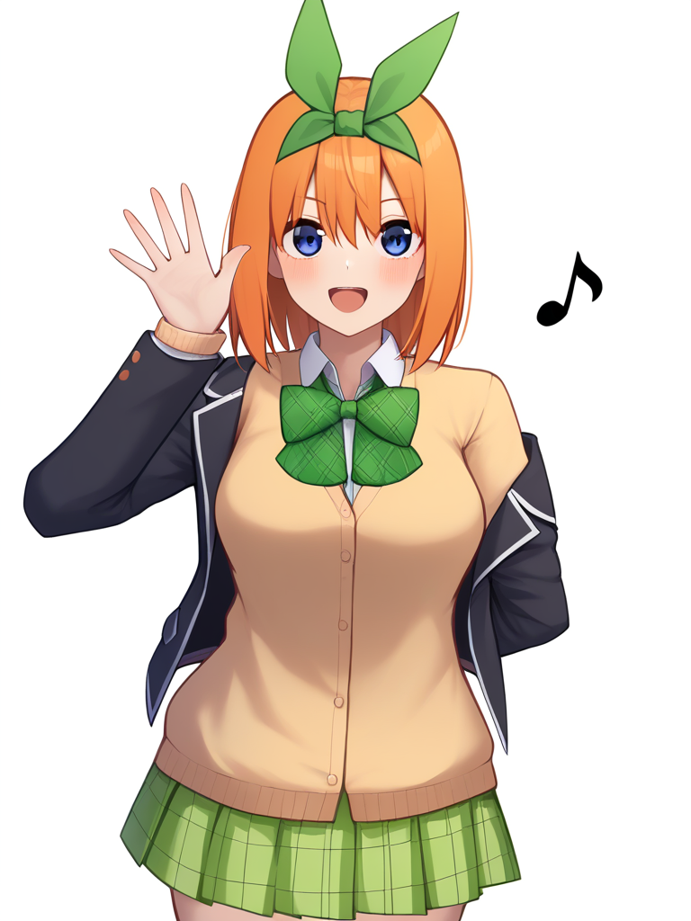score_9,score_8_up,score_7_up,<lora:go-toubun_no_hanayome_5girl:1>,nakano_yotsuba, 1girl, waving, blazer, collared_shirt, hair_ribbon, white_shirt, plaid_clothes, white_background, arm_behind_back, neck_ribbon, green_ribbon, plaid_skirt, open_jacket, black_jacket, highres, looking_at_viewer, breasts, musical_note, solo, whistling, red_ribbon, school_uniform, absurdres, commentary, simple_background