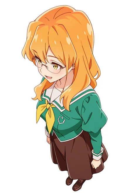 masterpiece,high quality details,absurdres,
<lora:Chibana_Sumika:0.8>
sumika_cnr, 1girl, orange hair, long hair,blonde hair, yellow eyes,
sumika_s1,green shirt, white sailor collar, serafuku,long skirt, brown skirt, juliet sleeves,pantyhose, loafers, glasses,, simple background, white background, from above,solo,, :d,
