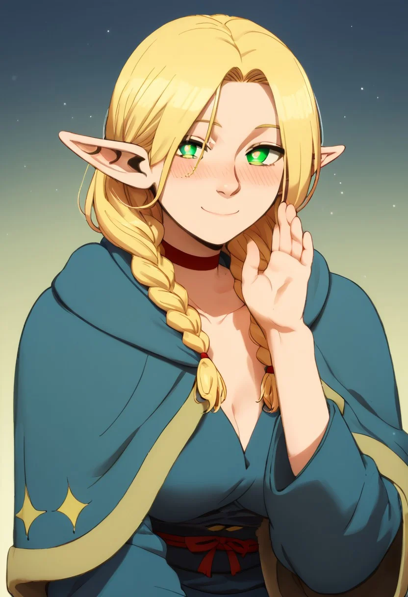 easynegative, Expressiveh, score_9, score_8_up, score_7_up, 8k uhd, masterpiece, best quality, high quality, absurdres, ultra-detailed, (highly detailed), detailed eyes, ((best resolution)), perfecteyes, source_anime, 1girl, solo, marcille donato,long hair,blonde hair,green eyes,braid,pointy ears,twin braids,elf,bright pupils,parted bangs,medium breasts,choker,robe,red choker, looking at viewer, smile, blush, half closed eyes, welcoming, warming expression, welcoming pose,