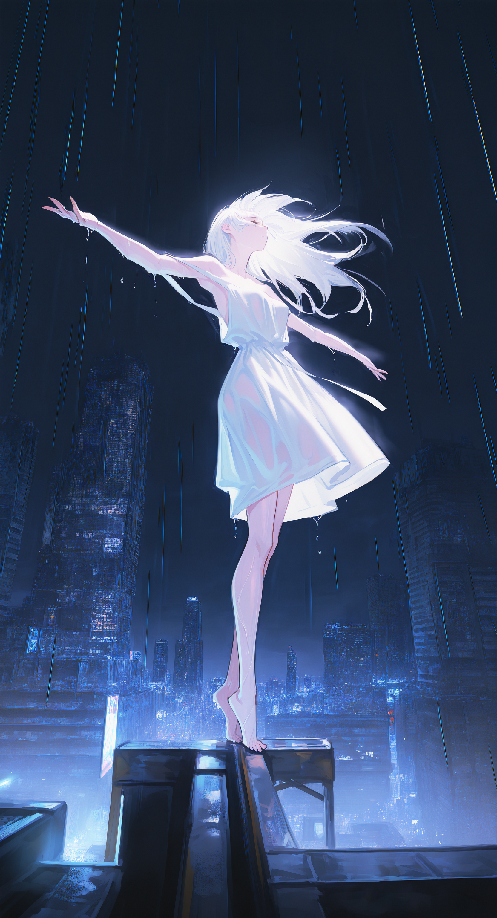 masterpiece, best quality, Good quality, very aesthetic, absurdres, newest, From Below,Vanishing Point, 1girl, solo, long_hair, breasts, bare_shoulders, standing, full_body, closed_eyes, outdoors, sky, barefoot, wet, night, outstretched_arms, night_sky, strap_slip, rain, spread_arms, tiptoes,White Dress, On the edge of a skyscraper, City Lights Lighting,Cinematic Lighting, <lora:ponyv5_noobE11_1_adamW-000013:0.7> <lora:USNR_STYLE_XL_lokr:1>