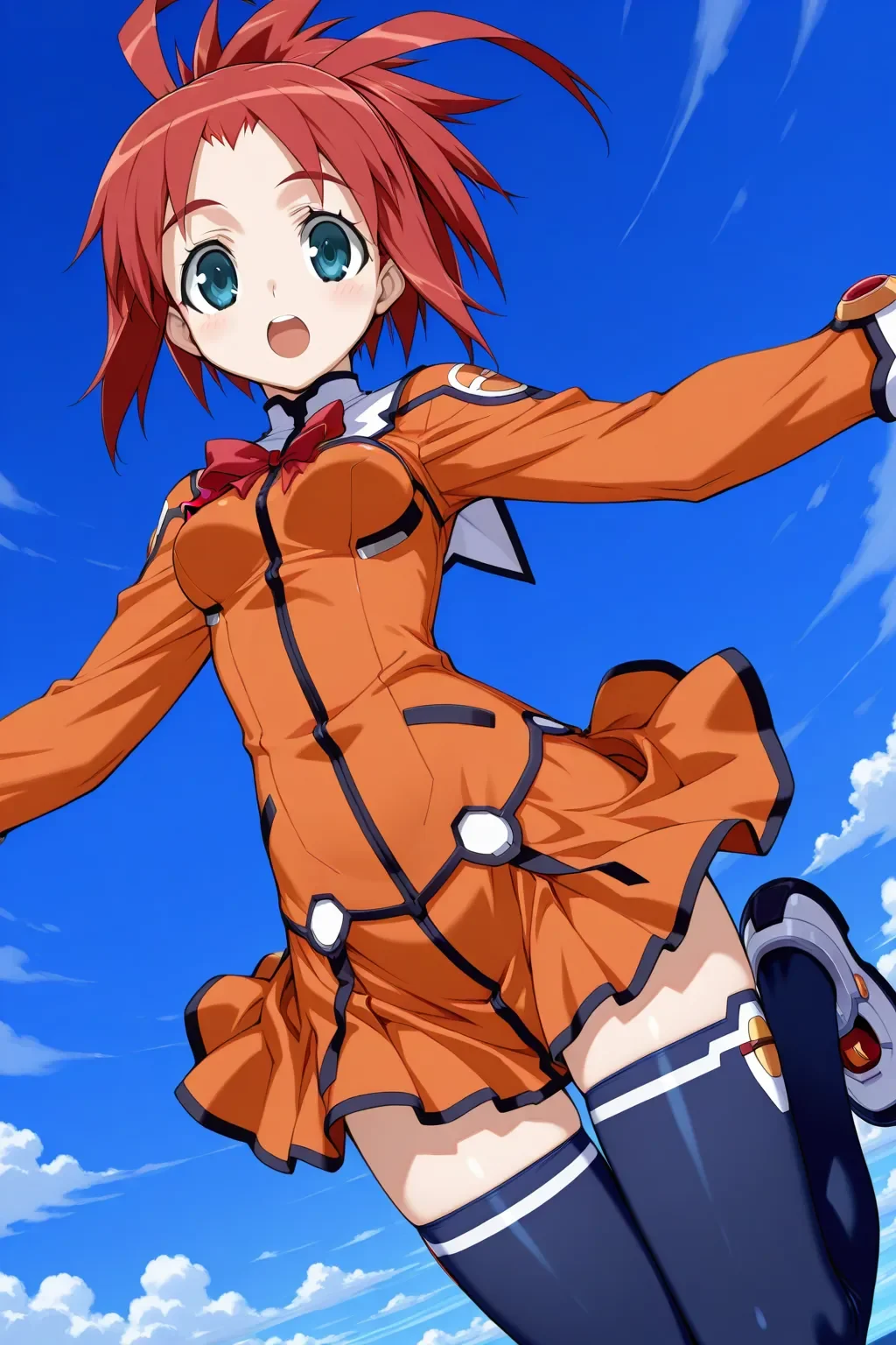 masterpiece, best quality, stellvia_arisa_glennorth_ilxl, 1girl, solo, <lora:stellvia_arisa_glennorth_ilxl:0.9>, orange shirt, orange skirt, zettai ryoiki, Navy blue tights, from the left side, red hair, dutch angle, looking at viewer, jumping