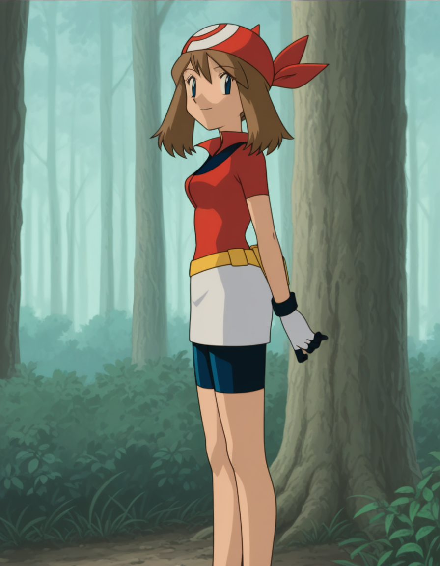official style,may (pokemon), pokemon (anime), 2000s,brown hair, blue eyes, red bandans, red shirt, short sleeves, gloves, white pouch, white skirt, short skirt, pencil skirt, bike shorts,(standing:1.5),
explicit,(anime screencap), 2d cel anime,anime cap,anime,anime style,anime cel,cell shadedsoft brightness,perfect face,perfect nose, perfect hair, perfect eyes,perfect female body,perfect skin,a face of perfect proportion,perfect lighting,perfect anatomy,perfect proportion,perfect hands,perfect legs,perfect fingers,masterpiece,hair between eyes,
breasts,
perky breasts,best quality,very aesthetic,absurdres,16k,intricate detail,amazing quality,(bold:3.12),thick outline,black outline,harsh lines,soft lines,deluster,boldline,curvy,(anime coloring:1.2), smile,slim,
looking at viewer,
super fine illustration,detailed linework,vibrant colors,kawaii,flat color,outdoors,forest, 
(from side:2.5),
<lora:ãã±ããã¢ã³ã¹ã¿ã¼ãã«ã«åå ´çã¢ãã¡ä½ç»é¢¨PokemonMayMovie_ANIME_Styleillustrious-000015:1:0.8>