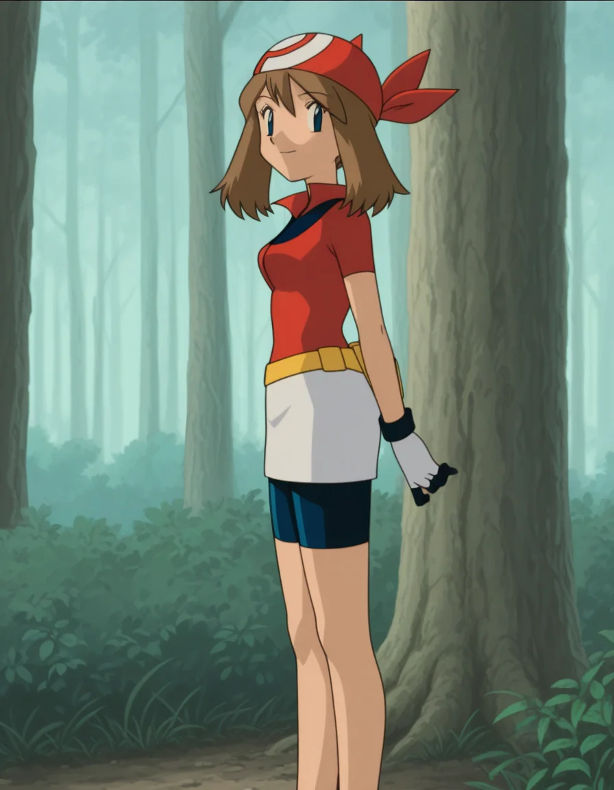 official style,may (pokemon), pokemon (anime), 2000s,brown hair, blue eyes, red bandans, red shirt, short sleeves, gloves, white pouch, white skirt, short skirt, pencil skirt, bike shorts,(standing:1.5),
explicit,(anime screencap), 2d cel anime,anime cap,anime,anime style,anime cel,cell shadedsoft brightness,perfect face,perfect nose, perfect hair, perfect eyes,perfect female body,perfect skin,a face of perfect proportion,perfect lighting,perfect anatomy,perfect proportion,perfect hands,perfect legs,perfect fingers,masterpiece,hair between eyes,
breasts,
perky breasts,best quality,very aesthetic,absurdres,16k,intricate detail,amazing quality,(bold:3.12),thick outline,black outline,harsh lines,soft lines,deluster,boldline,curvy,(anime coloring:1.2), smile,slim,
looking at viewer,
super fine illustration,detailed linework,vibrant colors,kawaii,flat color,outdoors,forest,
(from side:2.5),
<lora:ãã±ããã¢ã³ã¹ã¿ã¼ãã«ã«åå ´çã¢ãã¡ä½ç»é¢¨PokemonMayMovie_ANIME_Styleillustrious-000015:1:0.8>