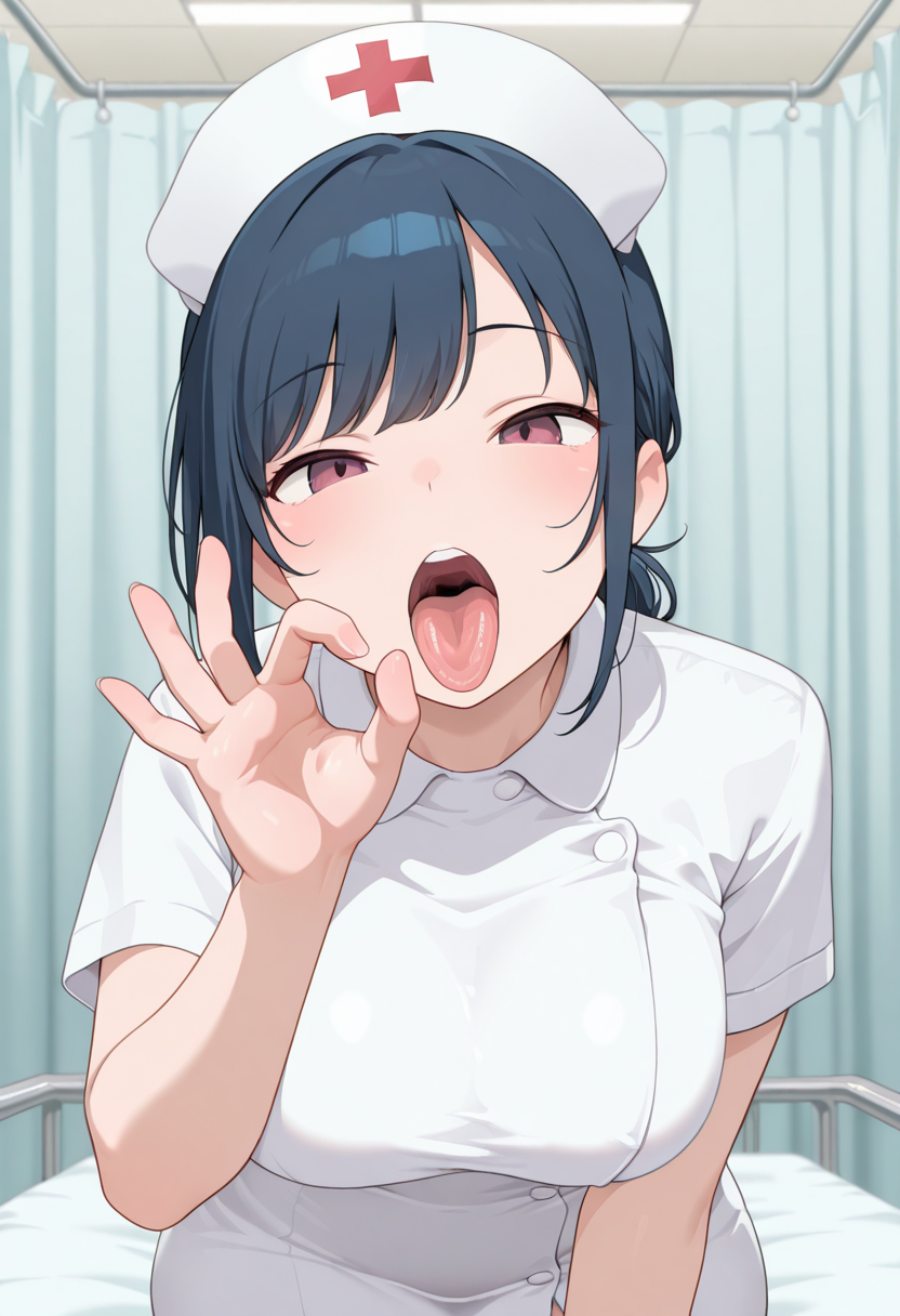 masterpiece,best quality,amazing quality, sora, 1girl, fellatio gesture, open mouth, tongue, nurse, hospital, solo, nurse cap, upper teeth only,
