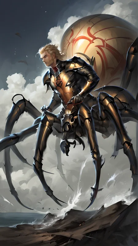 <lora:4r4chn1dPony:0.65>, score_9, score_8_up, score_7_up, score_6_up, score_5_up, score_4_up, closeup of 4r4chn1d, fantasy concept art, digital art, oil painting, realistic, detailed face, solo, arachnid, man desktop wallpaper, official_wallpaper, atmospheric, warrior, (blushing:0.6), combat stance, holding a weapon, light blonde hair, Spanish skin, Short waves, in location mausoleum, (Masterpiece:1.3) (best quality:1.2) (high quality:1.1)