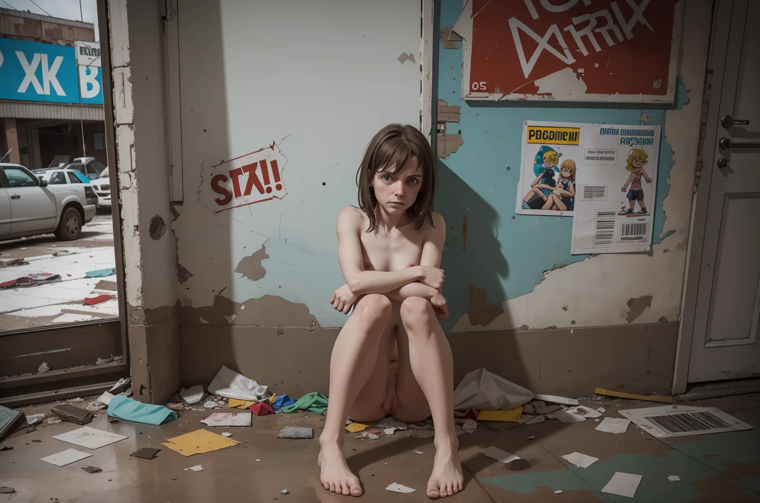 (solo:1.3), wide angle photo of a Russian slutty sexy (naked:1.3) 30 year old woman, sad look, in a soviet supermarket, dirty, vandalised, smashed door, broken windows, trash on the floor, graffiti, detailed, 4k, extreme detail, (cartoon style:1.2)