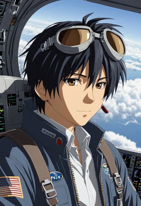 tomoya okazaki, 1boy, male focus, Black Hair, Brown Eyes, Pilot, Comercial Airplane, Boeing