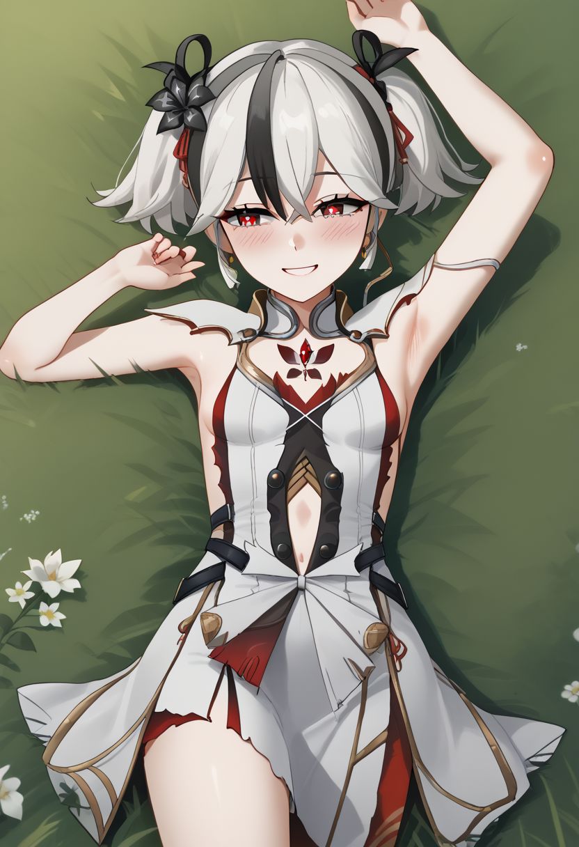 1girl, solo, blush, black hair, hair ornament, dress, navel, short twintails, jewelry, flower, white hair, multicolored hair, small breasts, lying, on back, armpits, slate eyes, red pupils, diamond-shaped pupils, submissive pose, Camellya, tacet mark \(wuthering waves\), laying in grass, smile