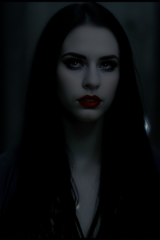 Photo of vampire girl, 25 years old, (beautiful:1.75), (very pale skin:1.35), (gothic makeup:0.99), (Red Lipstick:1), (black hair), (anime:0.35), (oval face:0.25), (night), 10 minutes before the world will end, hyper-realistic, ultra-detailed, insanely detailed, 4k, realistic 8k, shot on portra 400