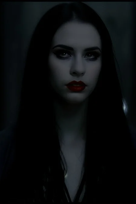 Photo of vampire girl, 25 years old, (beautiful:1.75), (very pale skin:1.35), (gothic makeup:0.99), (Red Lipstick:1), (black hair), (anime:0.35), (oval face:0.25), (night), 10 minutes before the world will end, hyper-realistic, ultra-detailed, insanely detailed, 4k, realistic 8k, shot on portra 400