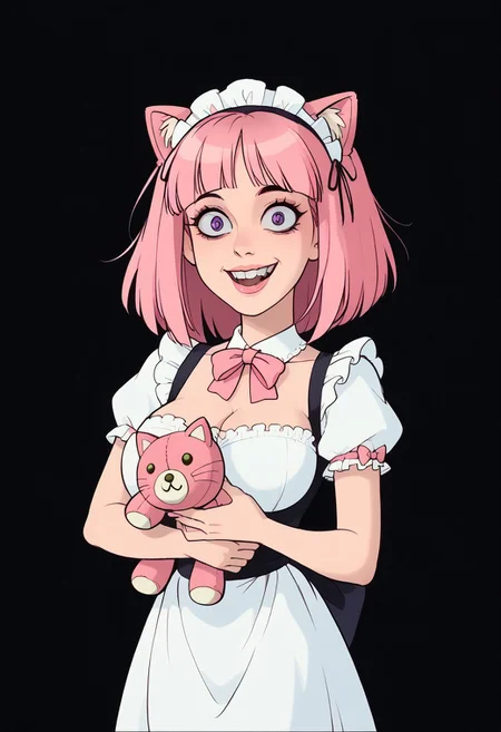 score_9, score_8_up, score_7_up, score_6_up, 24 yo female, CivChan, pink hair, purple eyes, maid uniform, <lora:CivChan:0.9> quality: masterpiece, extremely aesthetic, highly detailed, dynamic composition, vibrant colors, vivid colors, saturated, eye closeup, crazy eyes, (holding a pink cat plushie:1.4), dark background, skinny, slim waist, slim thighs, huge breasts, creepy female, super cute female,