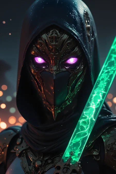 The close-up captures a warriorâs ornate mask, forged from a blend of blackened steel and shimmering gold, with intricate filigree patterns glowing faintly in a cybernetic green. The maskâs eyes are narrow slits, illuminated with soft purple light that gives the impression of augmented vision scanning the surroundings. The faint hum of energy can almost be felt radiating from the mask, as microchips and delicate magical sigils fuse seamlessly into the design. Their armor, visible at the edges of the frame, is a mixture of plated metal and sleek, synthetic fabric that glows faintly at the seams. In the blurred background, a distant battlefield of floating platforms and glowing magical runes hovers in midair, lit by the flickering of ethereal flames. The soft glow of the warriorâs mask reflects faintly off rain-slicked metal, suggesting an ongoing storm or recent battle. The details of their jawline hint at a youthful determination, but the maskâs design carries a weight of ancient tradition. Across their shoulder is a weaponâpart sword, part glowing plasma bladeâits edge crackling with a faint, electric-blue light. The entire image conveys a fusion of elegance and raw power, a guardian of both magic and machine. , detailed background Fantastic lighting. Detailed shadows.intricate details, vivid colors, hyper-detailed, ultra-sharp, High resolution, high detail. Highly detailed.hknuns,<lora:Fluxhknuns-000001:0.6><lora:wasted_films-000018:0.3><lora:GodsAndMayhemFlux:0.7><lora:apoclypse02-style-000019:0.7><lora:sss-snek-000001:0.6><lora:Hyperdetailed_Colored_Pencil:0.6>