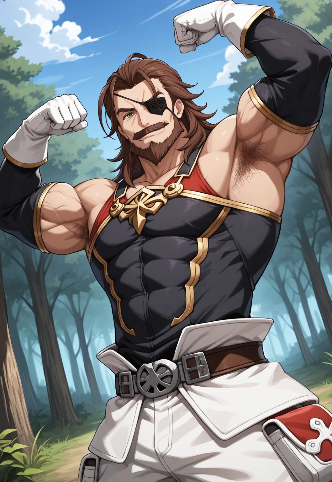 masterpiece, best quality, amazing quality, EugenGF, medium hair, brown hair, green eyes, eyepatch, beard, mustache, mature male, muscular, bare shoulders, black cuirass, gold accents, detached sleeves, white gloves, belt, white baggy pants, looking at viewer, smile, dynamic pose, detailed background, dutch angle, forest, blue sky, clouds, upper body, cowboy shot, flexing, hairy armpits,
