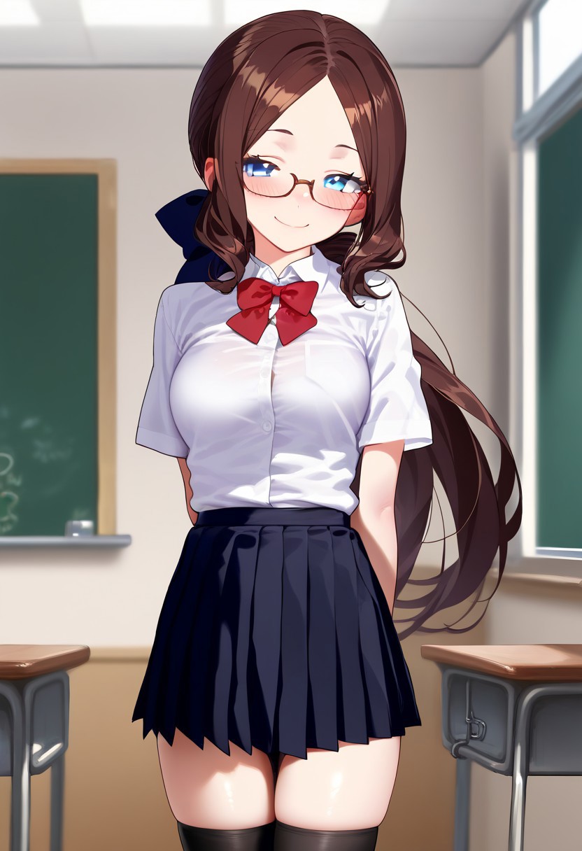 score_9, depth of field, source_anime, uncensored, Perfect Hands, nyalia, indoors, classroom, cel shading, black illustration lines, highest quality, perfect quality, best quality, highly detailed, intricate detail, detailed background, detailed body, detailed anatomy, perfect anatomy, rating_explicit, 1girl, solo, blue eyes, long hair, brown hair, forehead, sidelocks, low ponytail, hair ribbon, medium breasts, thighs, glasses, rimless eyewear, school uniform, white shirt, black pleated skirt, red bowtie, black thighhighs, zettai ryouiki, light smile, half-closed eyes, arm behind back, looking at viewer, blush, (cowboy shot:1.3),