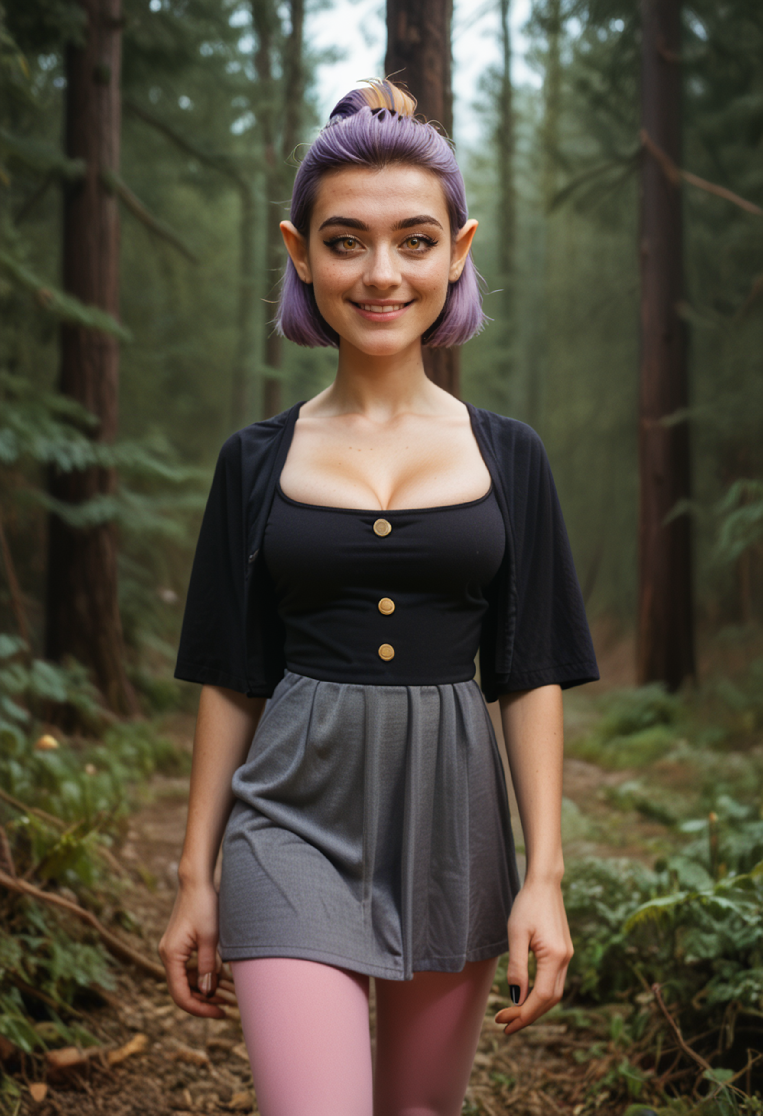 score_9, score_8_up, score_7_up, score_6_up, photo of a cute girl, realistic,
1girl, dynamic angle, amity blight, yellow eyes, pointy ears, ((purple hair)), half updo, medium hair, smiling, school uniform, black capelet, grey dress, pink sleeves, pink leggings, black eyeliner, closeup, (large saggy breasts, cleavage), in redwood forest,
<lora:Amity_BlightV3:1>