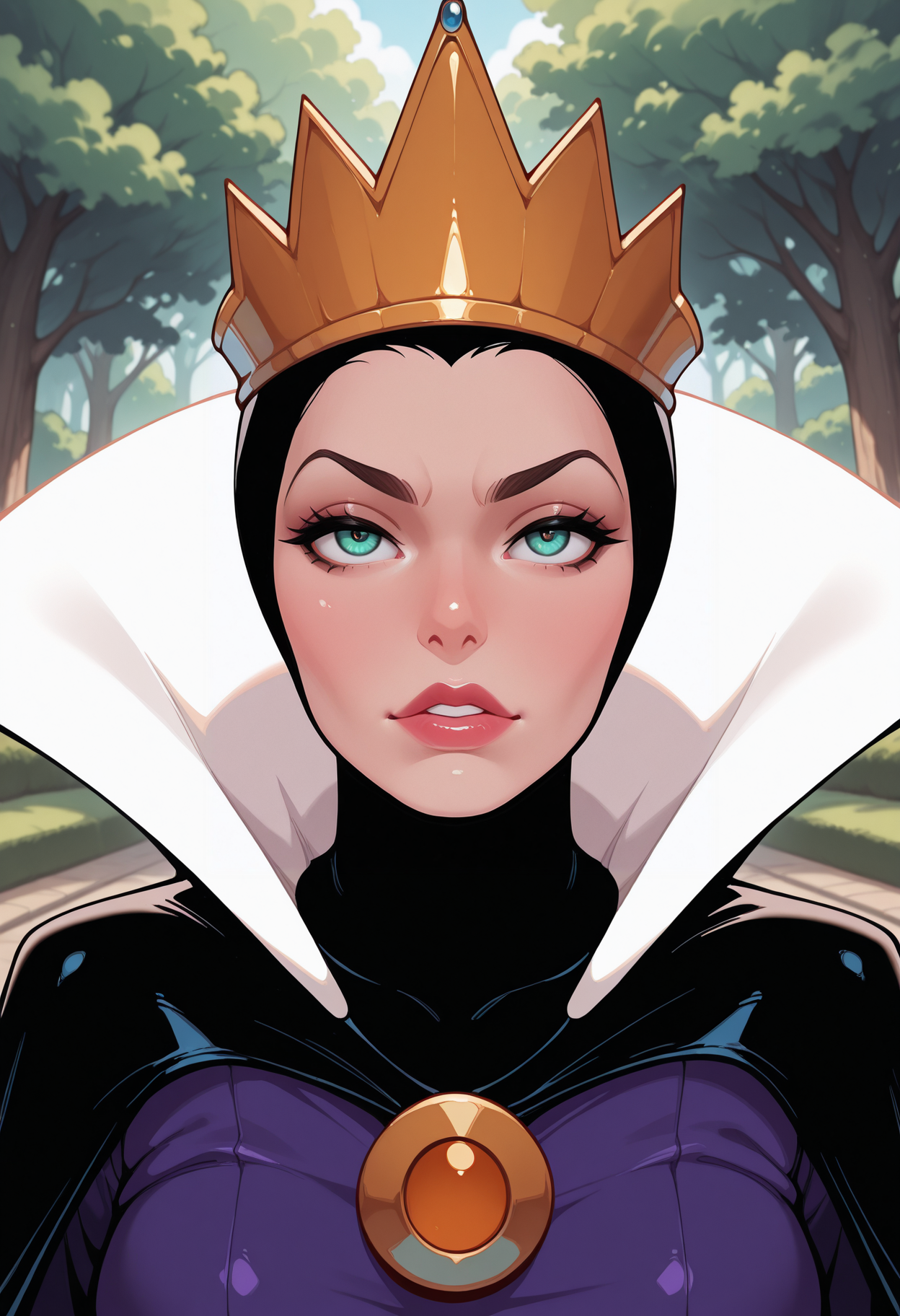 masterpiece, best quality, amazing quality, , ,evilq33n, <lora:evilQueenIllustrious:1>
, , cape, purple dress, portrait, , crown,   park
