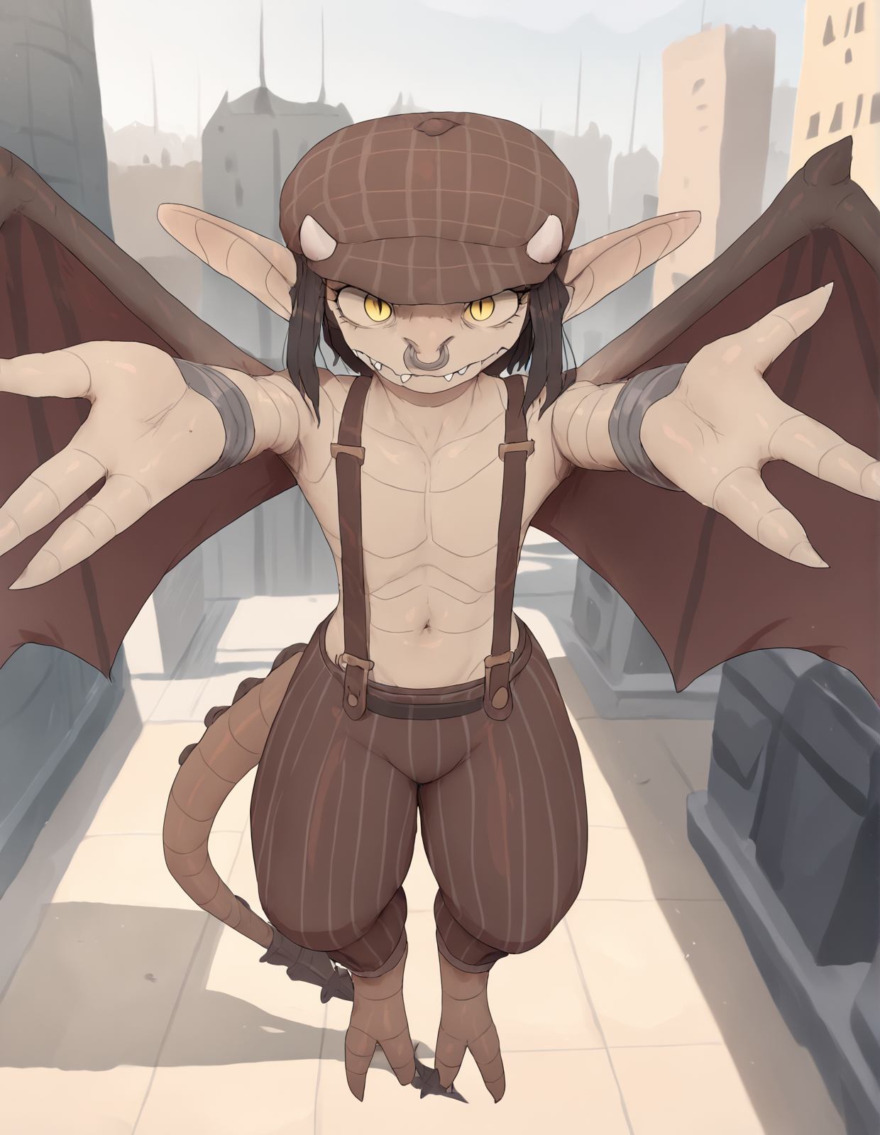 score_9, score_8_up, score_7_up, score_6_up, score_5_up, score_4_up, source_furry, mdf, kia, ivy \(deadlock\), deadlock, valve, animate inanimate, gargoyle, humanoid, living statue, tailed humanoid, winged humanoid, barefoot, black hair, bottomwear, brown bottomwear, brown clothing, brown hat, brown headwear, brown pants, clothing, eyelashes, facial piercing, fangs, featureless chest, feet, female, flat cap, flat chested, foreshortening, grey body, hair, hat, headgear, headwear, high-angle view, horn, humanoid pointy ears, looking at viewer, membrane \(anatomy\), membranous wings, navel, newsboy cap, nose piercing, nose ring, offering rocks, offering to viewer, pants, pattern bottomwear, pattern clothing, pattern hat, pattern headgear, pattern headwear, pattern pants, piercing, pupils, reaching towards viewer, ring piercing, rock, sculpture, septum piercing, septum ring, short hair, slit pupils, solo, statue, striped bottomwear, striped clothing, striped pants, stripes, suspenders, suspenders on nipples, tail, teeth, white horn, wings, yellow eyes, detailed background, outside, street, new york, city background, city, 3 fingers, outstretched arms, fingers
<lora:ivy-deadlock-v2_pdxl:1>