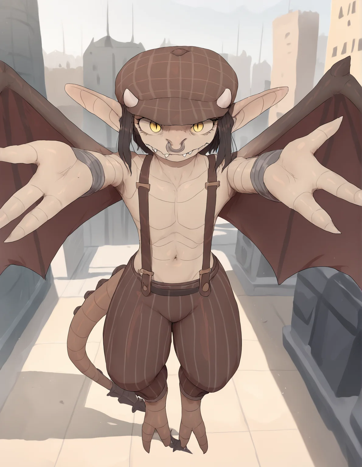 score_9, score_8_up, score_7_up, score_6_up, score_5_up, score_4_up, source_furry, mdf, kia, ivy \(deadlock\), deadlock, valve, animate inanimate, gargoyle, humanoid, living statue, tailed humanoid, winged humanoid, barefoot, black hair, bottomwear, brown bottomwear, brown clothing, brown hat, brown headwear, brown pants, clothing, eyelashes, facial piercing, fangs, featureless chest, feet, female, flat cap, flat chested, foreshortening, grey body, hair, hat, headgear, headwear, high-angle view, horn, humanoid pointy ears, looking at viewer, membrane \(anatomy\), membranous wings, navel, newsboy cap, nose piercing, nose ring, offering rocks, offering to viewer, pants, pattern bottomwear, pattern clothing, pattern hat, pattern headgear, pattern headwear, pattern pants, piercing, pupils, reaching towards viewer, ring piercing, rock, sculpture, septum piercing, septum ring, short hair, slit pupils, solo, statue, striped bottomwear, striped clothing, striped pants, stripes, suspenders, suspenders on nipples, tail, teeth, white horn, wings, yellow eyes, detailed background, outside, street, new york, city background, city, 3 fingers, outstretched arms, fingers
<lora:ivy-deadlock-v2_pdxl:1>