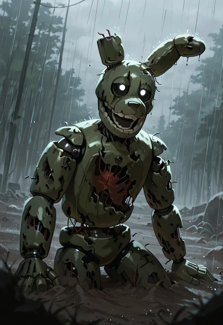 masterpiece, best quality, amazing quality, very aesthetic, absurdres, newest, detailed background, foreground blur, 
,springtrap, robot, teeth, rabbit ears, mechanical parts, animatronic, green skin, round head,  damaged, 
buried, black sclera, ((no pupils, empty eye sockets,)) under dirt, covered body, dirt, covered in dirt, , rainy day, funeral buried,