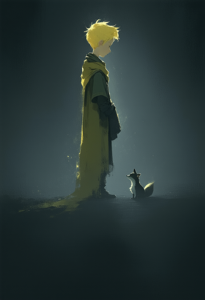 A solitary silhouette of The Little Prince, rendered in a minimalist, impressionistic style. He stands against a flat, midnight black background, illuminated by soft, shimmering white light. He wears a flowing yellow scarf, a textured green cloth garment, and possesses short, blonde hair.  A loyal fox sits attentively at his feet, both forms defined by clear, linear shapes and gentle curves. The composition emphasizes reduction and uniformity, creating a sense of balance and quiet contemplation. Focus on subtle gradients and a dreamlike quality, evoking a poignant memory.