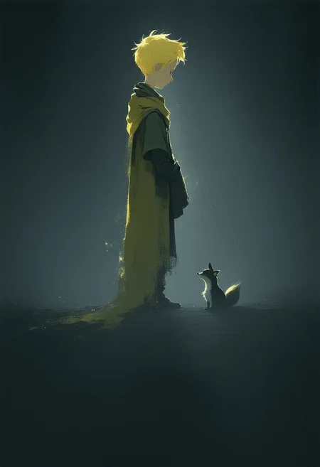 A solitary silhouette of The Little Prince, rendered in a minimalist, impressionistic style. He stands against a flat, midnight black background, illuminated by soft, shimmering white light. He wears a flowing yellow scarf, a textured green cloth garment, and possesses short, blonde hair. A loyal fox sits attentively at his feet, both forms defined by clear, linear shapes and gentle curves. The composition emphasizes reduction and uniformity, creating a sense of balance and quiet contemplation. Focus on subtle gradients and a dreamlike quality, evoking a poignant memory.