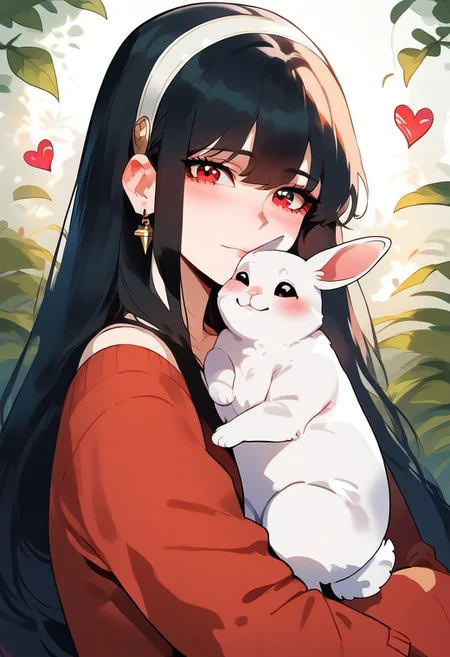 score_9, score_8_up, score_7_up, score_6_up, <lora:p3tl0v3XLP:1> p3tl0v3, 1girl, Yor_Forger, light skinned female, black hair, red eyes, long hair, hugging a white rabbit,