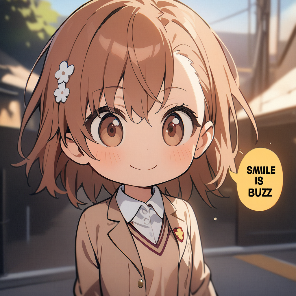 1girl, misaka mikoto, tokiwadai school uniform, 
solo, cute, chibi, smile,
outdoors,
(english text, "Smile is Buzz"),
masterpiece, best quality,