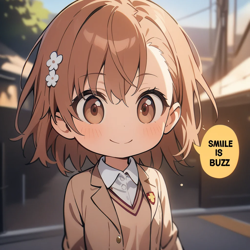 1girl, misaka mikoto, tokiwadai school uniform, 
solo, cute, chibi, smile,
outdoors,
(english text, "Smile is Buzz"),
masterpiece, best quality,