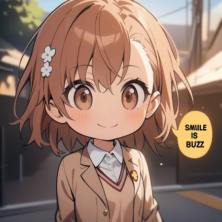 1girl, misaka mikoto, tokiwadai school uniform, 
solo, cute, chibi, smile,
outdoors,
(english text, "Smile is Buzz"),
masterpiece, best quality,