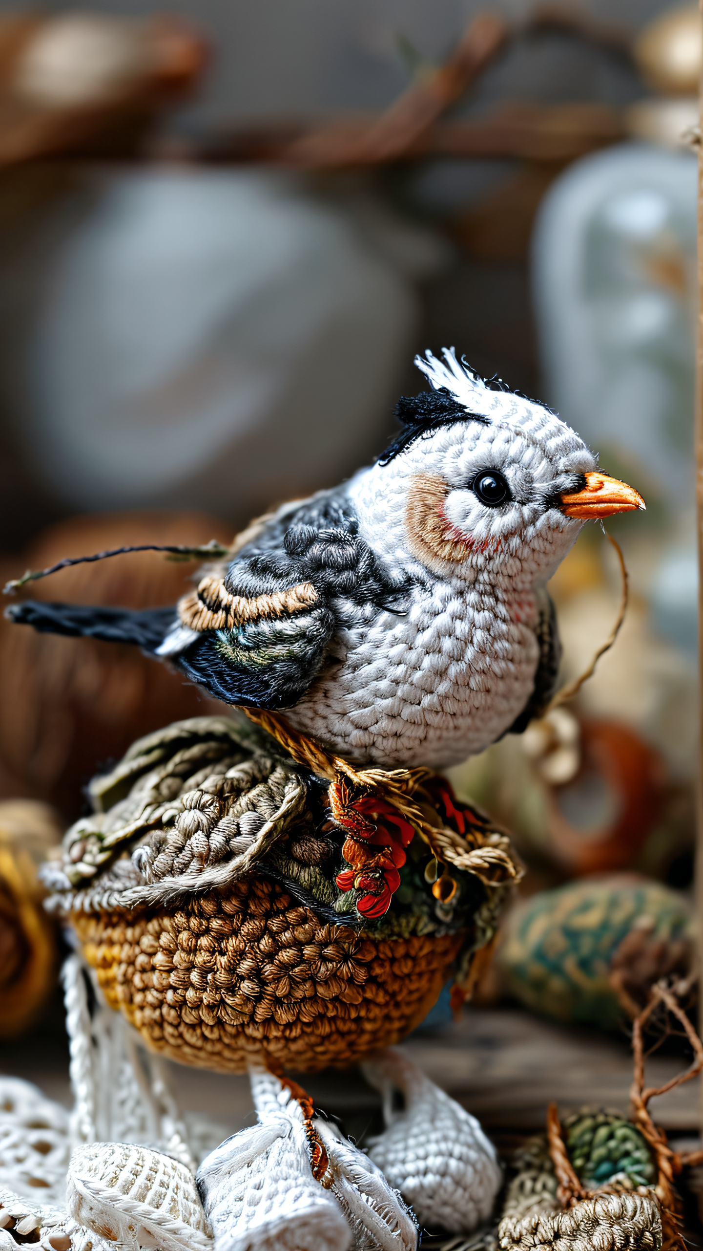 A black and white meticulously crafted doll bird,crocheted style,Extremely high-resolution details,photographic,realism pushed to extreme,fine texture,incredibly lifelike,<lora:TQ_-_Cute_People_Crochet_Professional_Careers:1>,<lora:add-detail-xl:0.8>,<lora:MJ52:0.7>,