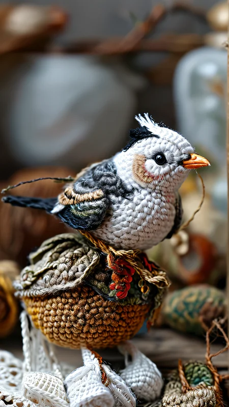 A black and white meticulously crafted doll bird,crocheted style,Extremely high-resolution details,photographic,realism pushed to extreme,fine texture,incredibly lifelike,<lora:TQ_-_Cute_People_Crochet_Professional_Careers:1>,<lora:add-detail-xl:0.8>,<lora:MJ52:0.7>,
