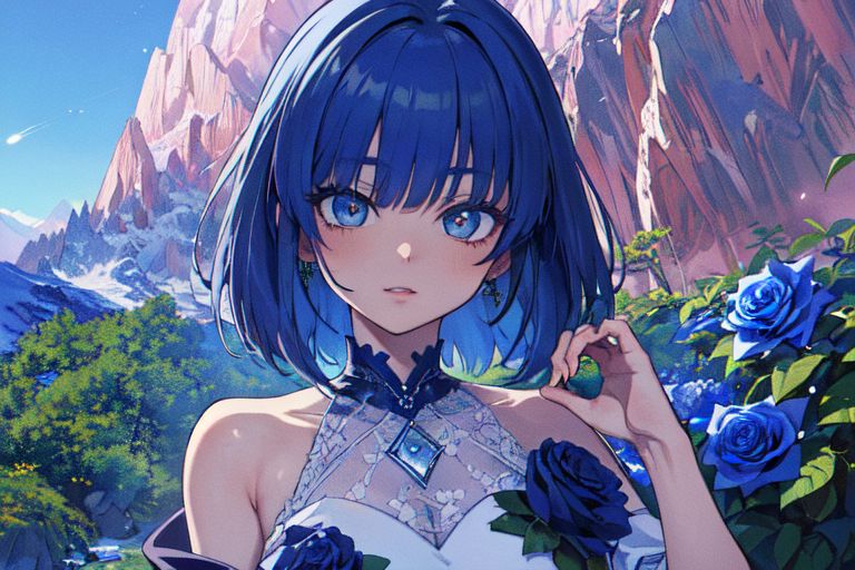 (masterpiece:1.4), 4K8K, (anime style), (high shutterspeed:1.4), (sharp edges), 
plants niji style,
flower rose, 1 woman prey with hands togather, neeling, leaning foward, 
wearing Celtic style dress, (Detailed face, Detailed eyes), 
im lapis lazuli colored roses, Alps in the background,