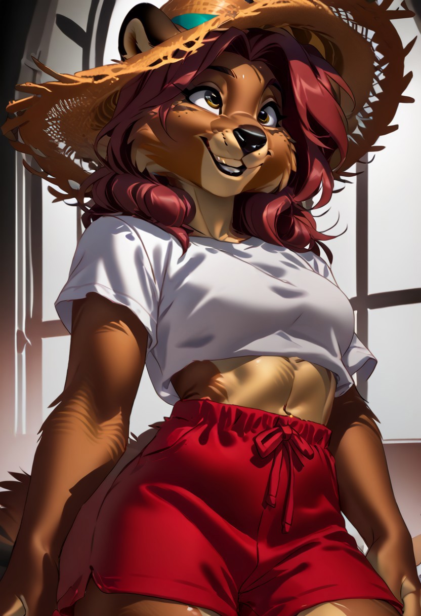 score_9, score_8_up, score_7_up, (by zummeng:1.5), (by jailbird:1.5), (by kittydee:1.5), masterpiece, best quality, (solo),
(Furry Art : Anthro : Quokka:1.5), 1girl, expressive eyes, feminine eyes, perfect face, feminine face, (beautiful maroon hair), (short messy hair:1.3), feminine body, medium breasts, marsupial, round animal ears, brown fur, tail, (flat belly:1.3), (wide hips:1.4), (slim waist:1.2), (thick thighs:1.4), (daisy duke shorts:1.5), (tight white shirt), (straw hat:1.3), (amber eyes),
