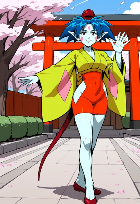 ponko, 1girl, solo, breasts, short hair, long sleeves, blue hair, green japanese clothes, pointy ears, wide sleeves, colored skin, clothing cutout, tail, facial mark, red footwear, red headwear, red eyes, 1990s, retro artstyle
BREAK
Standing, waving, smile
BREAK
outside, shrine, cherry blossoms
BREAK
masterpiece,best quality,absurdres,very aesthetic,perspective, <lora:ponko_IL_Lora_v1:1> <lora:StS_Age_Slider_Illustrious_v1:3>