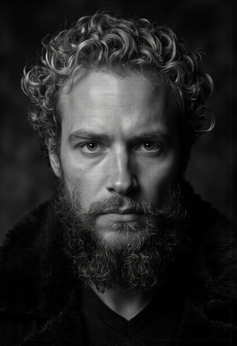 NyxBorne. A black and white portrait shoot from a close-up camera angle about a man with a beard and curly hair, looking directly at the camera with a serious expression. the image also shows a dark, blurry background. on the middle of the image, a man appears to be in his late 30s, with short, wavy blonde hair and a thick beard. he is wearing a dark sweater with a fur collar. the man has a serious, focused expression on his face. his eyes are looking straight at the viewer. his hair is messy and unkempt, and his beard is thick and well-groomed. he has a nose piercing and a full beard. the lighting is soft and diffused, creating a dramatic effect. the overall mood is serious and intense.