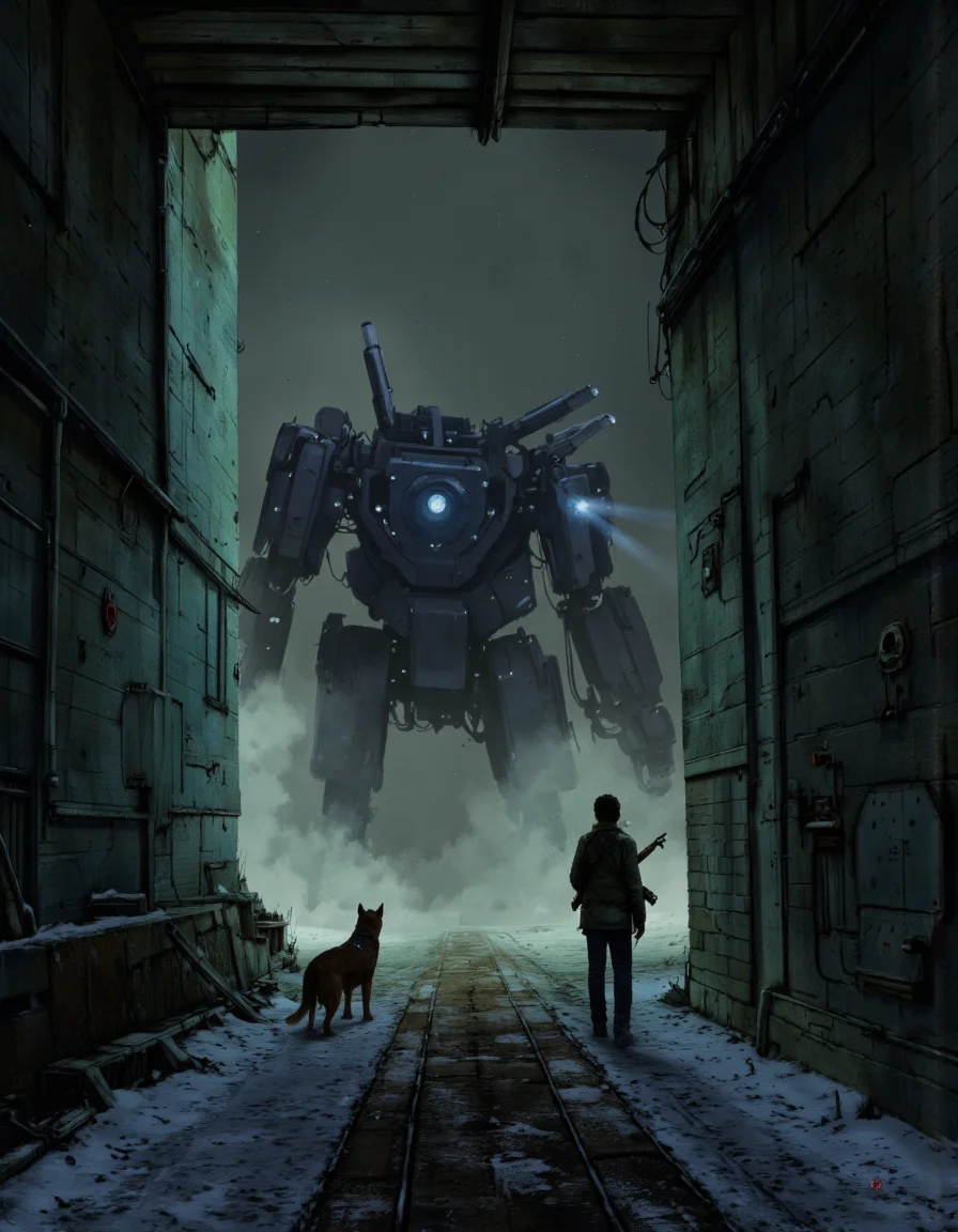 By Jakub Rozalski. A digital illustration shoot from the side about a dark, desolate tunnel with a large robot and a figure standing in the foreground. the scene is set in a dimly lit, industrial environment, with a long, narrow passage leading into the distance. the walls of the tunnel are covered in textured, greenish-blue paint, and the ground is covered in a layer of snow. on the left side of the image, a large, menacing machine with a glowing blue light is visible, positioned in the middle of the passage. the machine appears to be a large gun-like structure with multiple barrels and a long barrel, and it is positioned slightly off-center in the image. in front of the machine, a lone figure stands, holding a rifle, facing away from the viewer, while a small, brown dog stands beside them. the atmosphere is eerie and foreboding, with the presence of the two figures and the dog creating a sense of tension and danger.