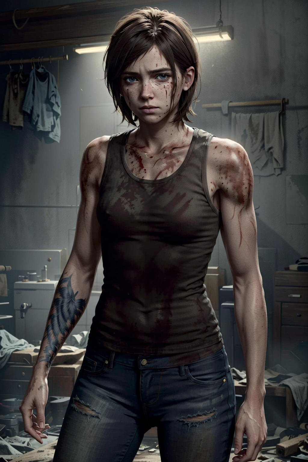EllieOld, solo, realistic, brown hair, denim, blood, 1girl, injury, jeans, pants, torn clothes, tank top, dirty, short hair, tattoo, blonde hair, blue eyes
,masterpiece, best quality, cinematic lighting,
<lora:epi_noiseoffset2:1>,  <lora:EllieOld:0.7>