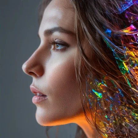 A close-up left facing profile portrait, a beautiful brunette woman made of glass, colorful light from hoph fibration bundles dramatically distorting her features