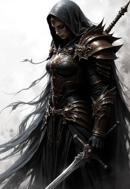 hyper realistic and highly detailed, highly dynamic cinematic close up shot, an atmospheric and powerful dark fantasy, natural  and impressionist classical-style painting of an alluring female with a sword, CGSociety contest winner, dark gothic fantasy art, gothic wraith maiden, wearing Daedric armor, Sephiroth, very accurate photo, fantasy art Behance, from Vermintide 2 video game, Lady Dimitrescu, fantasy movie still, black metal style, Sephiroth from Final Fantasy, cinematic full shot, white background, ivory and black tint, MythP0rt